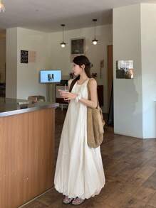 DAZY Women's Round Neck Casual Solid Color Sleeveless Puff Floral Tie Waist Loose Fitting Long Dress Sundress