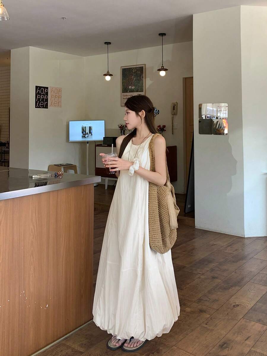 DAZY Women's Round Neck Casual Solid Color Sleeveless Puff Floral Tie Waist Loose Fitting Long Dress Sundress