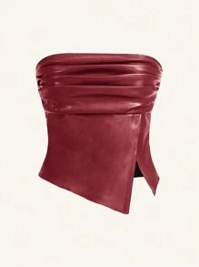 Siren Gaze Women Leather Top Fashionable Ruched Asymmetric Hem Tube Top, Suitable For Going Out And Parties Christmas Top Ruffle PU Leather Side Slit Hem Bandeau Crop Top