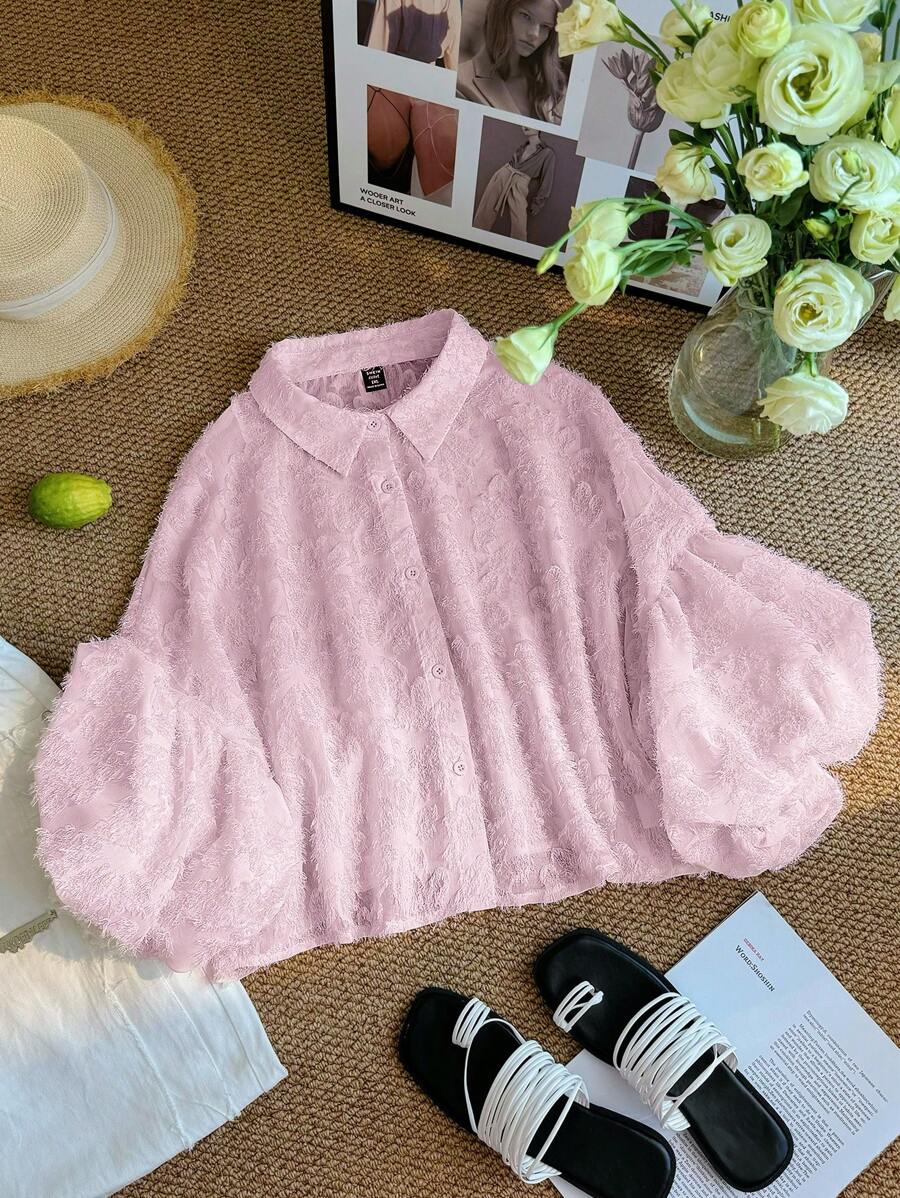 SHEIN Privé Plus Size Women Laser Cut Floral Pattern Blouse, Fall Back To School New Arrival - Pink - View 1