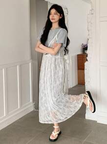 DAZY Set 2 Potong Kaos Renda Manis Kasual Wanita, Musim Semi/Panas - MultiWarna - View 7