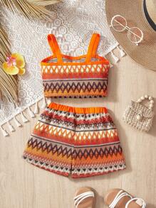 Travachic KIDS 女婴暑假可爱吊带背心和短裤套装，母女装（2 套单独出售） - 橘色 - 查看 2