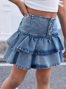 SHEIN Young Girl Denim Ruffle Hem A-Line Skirt,Kid Girls Spring And Summer Casual Vacation Country Boho Wear, Beach Outfits For Kid Girls