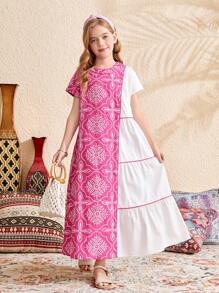 SHEIN Tween Girl Oversized Casual Pattern Color Block Layered Round Neck Dress - Green - View 4