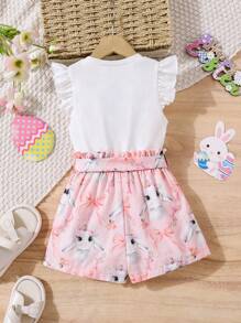 SHEIN Conjunto de top de manga corta de cuello redondo de punto y pantalones cortos con estampado floral menudo para niña joven en Pascua
