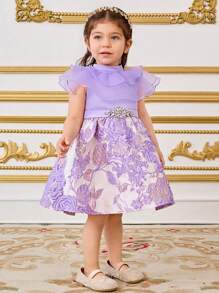 SHEIN Leap Crew Baby Girl Sweet Shoulder Attach Waisted Mid-Length Dress - Pink - View 4