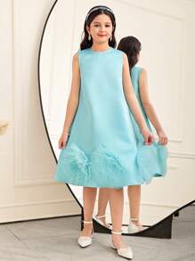 SHEIN Leap Crew 青少年女孩宽松优雅经典多层网眼立领 3D 花卉连衣裙套装 - 藍色 - 查看 3