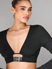 SHEIN Unity Black,Autumn,Elegant,Seksi Chic,Club Long Sleeve Crop Top,Stylish Summer Tops For Women,Perfect For Spring Vacation,College Students,Valentine's Day - Black - View 6
