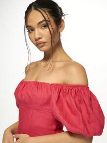 MISSGUIDED 挤奶女工露肩迷你连衣裙，泡泡袖，夏季派对A字裙摆，蝴蝶结露背，特殊场合晚宴婚礼宾客亚麻短裙 - 紅色 - 查看 7