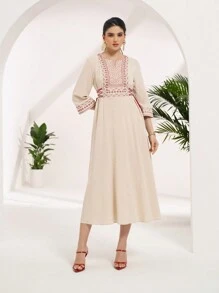 TrendSteals 女士度假休闲刺绣拼布交叉系带长裙 - 卡其色 - 查看 6