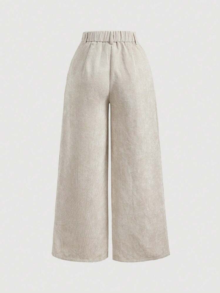 SHEIN PETITE Calça social de perna larga com botões na frente, em cor sólida, adequada para uso diário - Damasco - Visão 9