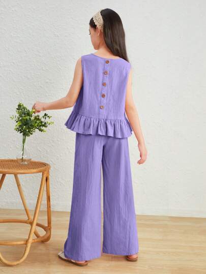 SHEIN Tween Girls Loose Casual Cap Sleeve Round Neck Blouse & Pants 2 Pieces Set