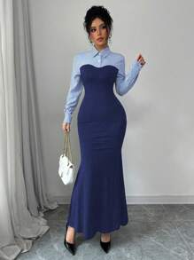 Selianne 优雅紧身 AB 拼接高开衩长袖开袖鱼形下摆条纹混合针织连衣裙，女式秋冬长款女装 - 彩色 - 查看 4