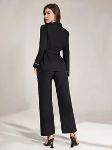 Modelyn White Striped Contrast Color Tie Waist Blazer And Trousers Suit Fall Cloth For Women - Black and White - View 2
