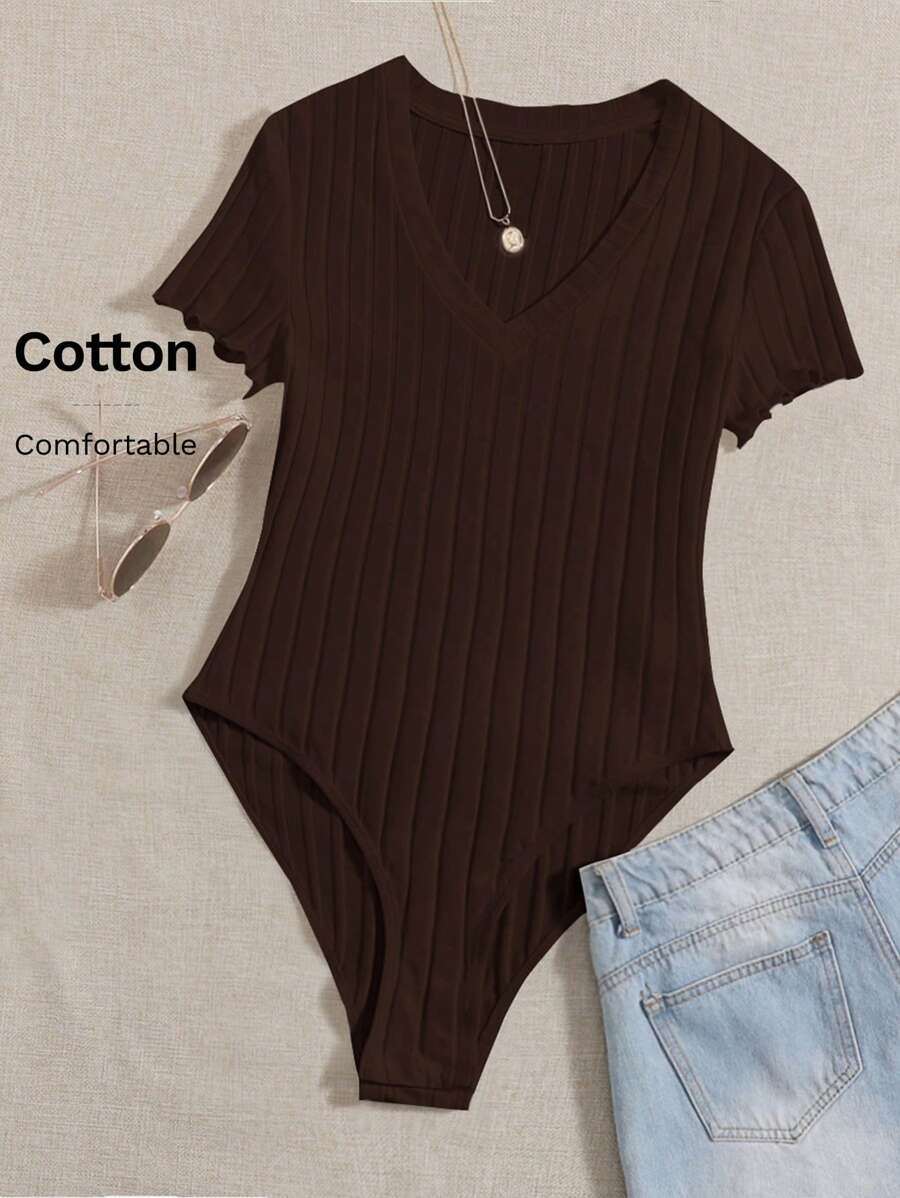 SHEIN EZwear Solid Ribbed Knit V Neck Bodysuit For Summer