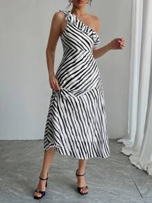 DAZY Vestido midi de mujer con hombros asimétricos oblicuos, parches a rayas, vestido de verano de graduación, vestidos formales de mujer