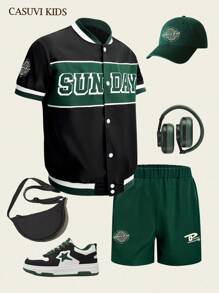 SHEIN Explorewe 2pcs/Set Teenager Boys' Sporty Patchwork Pattern Baseball Collar Short Sleeve Shirt And Shorts Set, New Design - Black - View 8