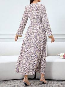 Al Najma 女式花卉印花拼接简约长袖休闲阿拉伯连衣裙，端庄 - 彩色 - 查看 6