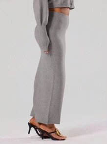 MUSERA Casual Knitted Maxi Skirt For Brunch - Light Grey - View 4