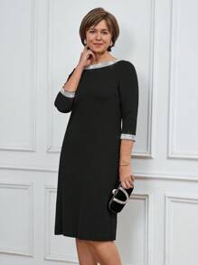 Miaspire Vestido negro de longitud media elegante con decoración de rhinestones, adecuado para trabajo/primavera/verano