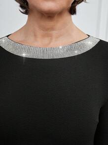 Miaspire Vestido negro de longitud media elegante con decoración de rhinestones, adecuado para trabajo/primavera/verano