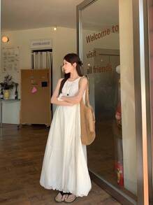 DAZY Women's Round Neck Casual Solid Color Sleeveless Puff Floral Tie Waist Loose Fitting Long Dress Sundress