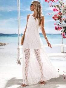 SHEIN VCAY Đầm Maxi Ren Trơn Một Vai Thanh Lịch Cho Nữ - trắng - Xem 3