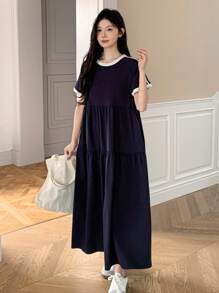 DAZY 女士宽松圆领中长连衣裙，春夏长款连衣裙 - 藏蓝色 - 查看 8