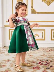 SHEIN Baby Girl Colorblock Floral Print Puff Sleeve Dress - Green - View 5