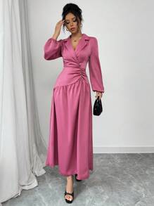 Modelyn Vestido largo casual de mujer de unicolor, de manga larga, cuello plano simple y plisado - Rosa - Ver 4