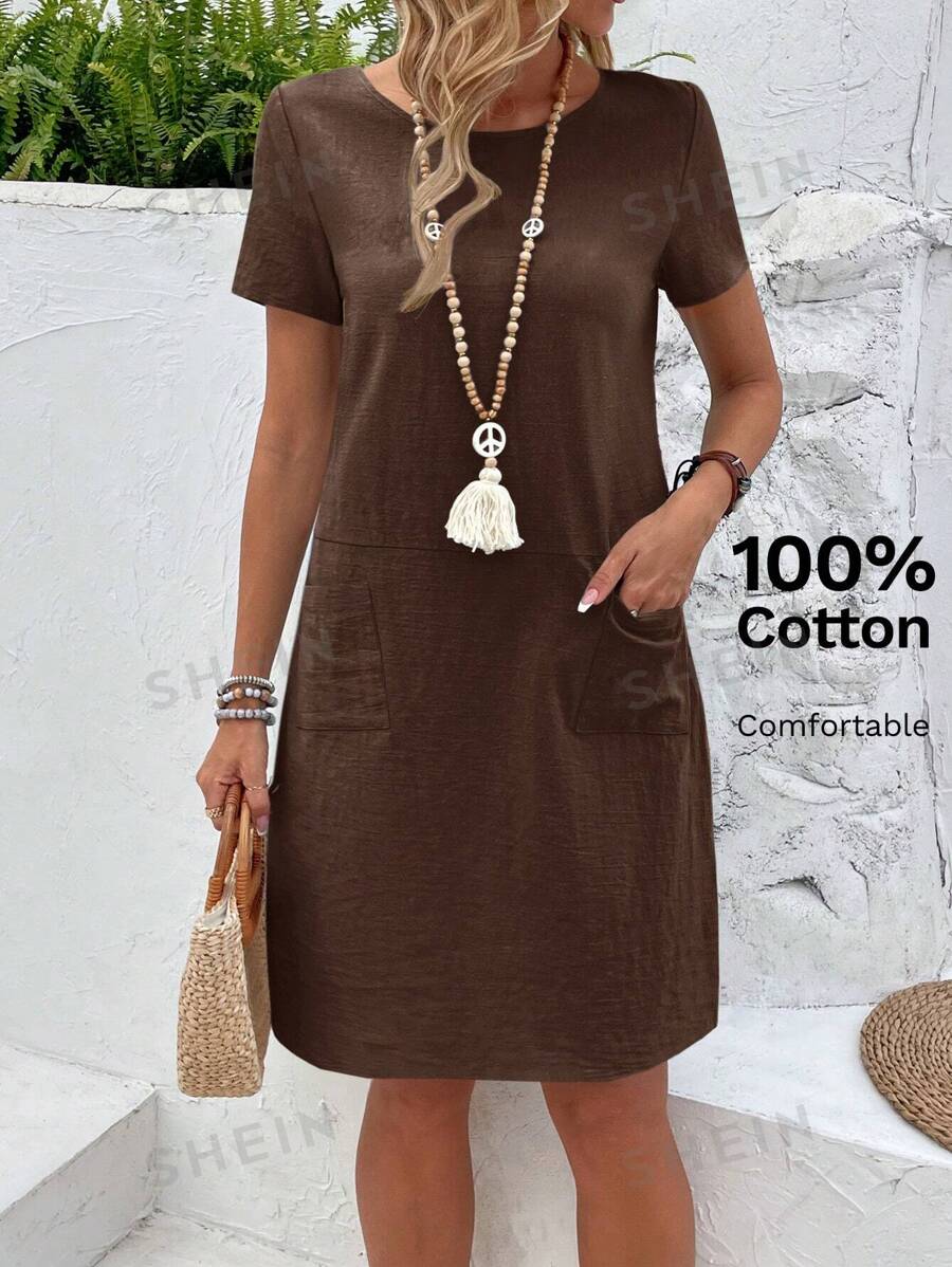 EMERY ROSE Damen Einfarbiges Kurzes Ärmel Lässiges Sommer Kleid - Kaffeebraun - Übersicht 1
