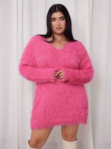 SHEIN EZwear Plus Size Women's Fuzzy Knit Pullover Sweater Dress, Daily Casual And Lightweight Party Wear, Autumn/Winter - Pink - View 5