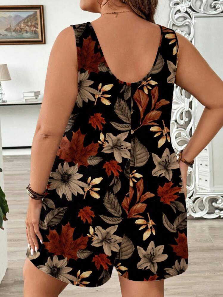 EMERY ROSE Macacão Casual Estampa de Folha Plus Size - Multicolorido - Visão 2