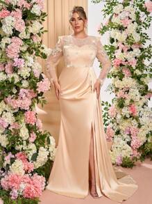 Glamrae Plus Size Champagne Elegant Floral Sequin Embroidery Patchwork Satin High Split Draped Luxury Formal Evening Gown, Wedding Guest Dress, Party Dress