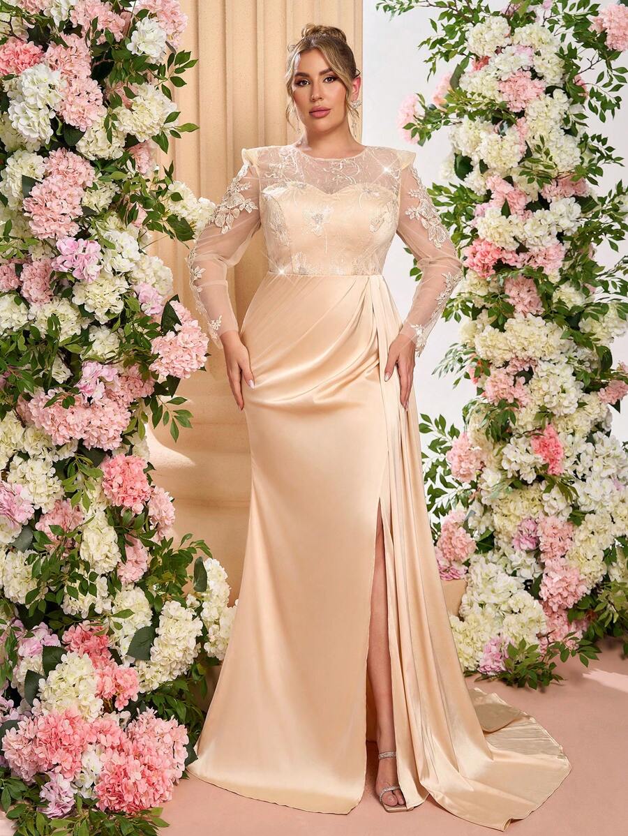 Glamrae Plus Size Champagne Elegant Floral Sequin Embroidery Patchwork Satin High Split Draped Luxury Formal Evening Gown, Wedding Guest Dress, Party Dress