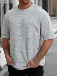 Manfinity Homme Áo thun nam tay ngắn cổ tròn màu trơn cỡ lớn thường ngày - Xám - Xem 4