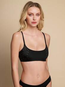 Áo lót Bralette mềm mại có dây đeo có thể điều chỉnh đính đá Rhinestone cho nữ - màu đen - Xem 1