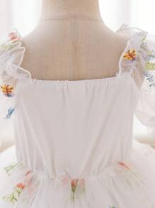 SHEIN Glamorique Kids 女童白色网眼花叶刺绣蓬松连衣裙，适合花童、复活节、生日派对、婚礼、节日、舞台表演、拍照，四季舒适 - 白色 - 查看 3