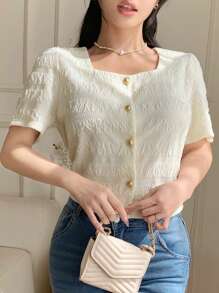 DAZY 女士纯色前扣短袖休闲衬衫，日常穿着 - 米色 - 查看 8