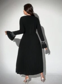 Viva Relle 大码女式优雅浪漫奢华派对节日长袖褶皱珍珠装饰黑色连衣裙 - 黑色 - 查看 3