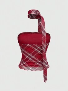 ROMWE J-Fashion Women's Plaid Print Pleated Halter Neck Camisole