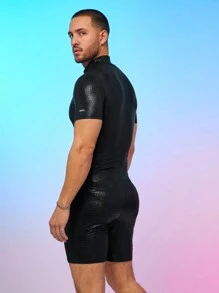 Men's Printed Snake Skin Tight One-Piece Shorts With Suspenders - Black - View 2