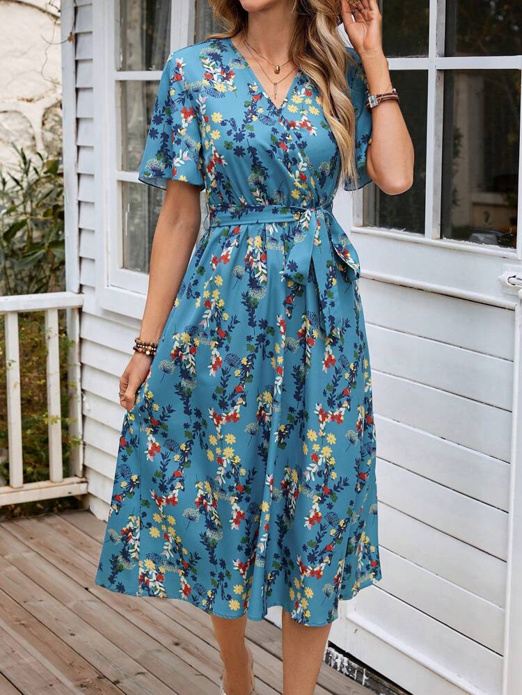 Women V-Neck Short Sleeve Floral Allover Print Casual Dress
