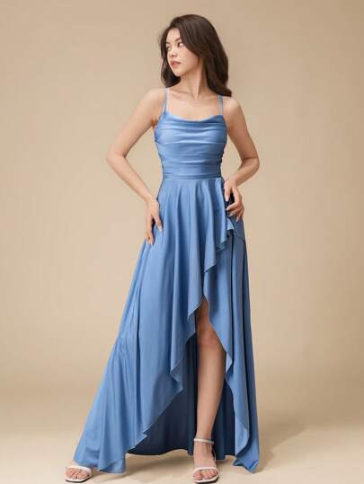 Elegant Solid Color Snug Fit High Waist High Slit Asymmetric Ruffle Hem Midi Dress For Teen Girl Suitable For Parties, Banquets, Bridesmaid, Birthday And Other Important Occasions