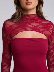 SHEIN BAE Áo cánh tay dài cổ đứng phối ren màu trơn dành cho nữ dáng ôm vừa vặn - Màu Đỏ Sâu - Xem 6