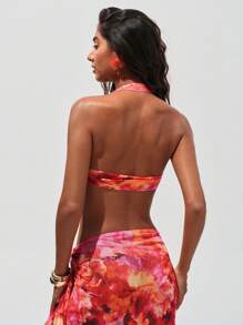 Opulessa 夏季度假服装女士海滩花卉印花波西米亚风波西米亚节针织网眼花卉印花垂领背心女式