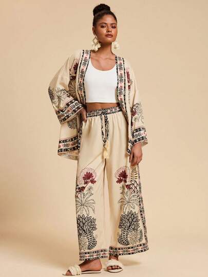 Travachic 2pcs Women's Set: Printed Loose Woven Shirt & High Waist Style Pants