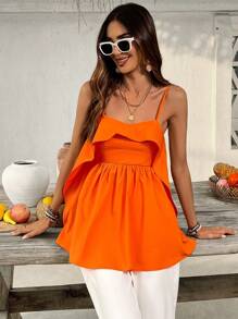 SHEIN VCAY Women Summer Orange Solid Color Backless Top Ruffled Cutout Top Valentine's Day Vacation Top Summer Top For Vacation & Casual Wear Ruffled Top. This Too Is Extremely Flattering And Looks Vacation Great Dressed Up Or Down - Burnt Orange - View 2