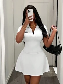 Slaydiva 女式夏季马球领短袖 A 字形喇叭下摆迷你连衣裙