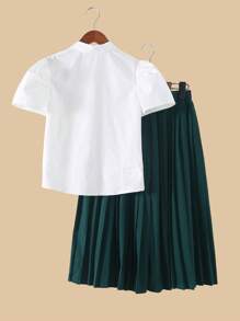 Elegant Vintage Collared Short Sleeve Solid Top With Detachable Bow Accent And High Waist Pleated Wide Leg Solid Color Pants Set For Tween Girls, Summer - Green - View 2